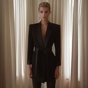 Valentina Shah black satin Carlotta double breasted belted blazer mini dress
